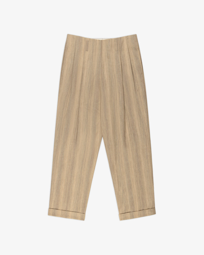 Double Pleated Safari Suit Trouser in beige with cuffed hems, belt loops, and subtle woodgrain pattern, laid flat.