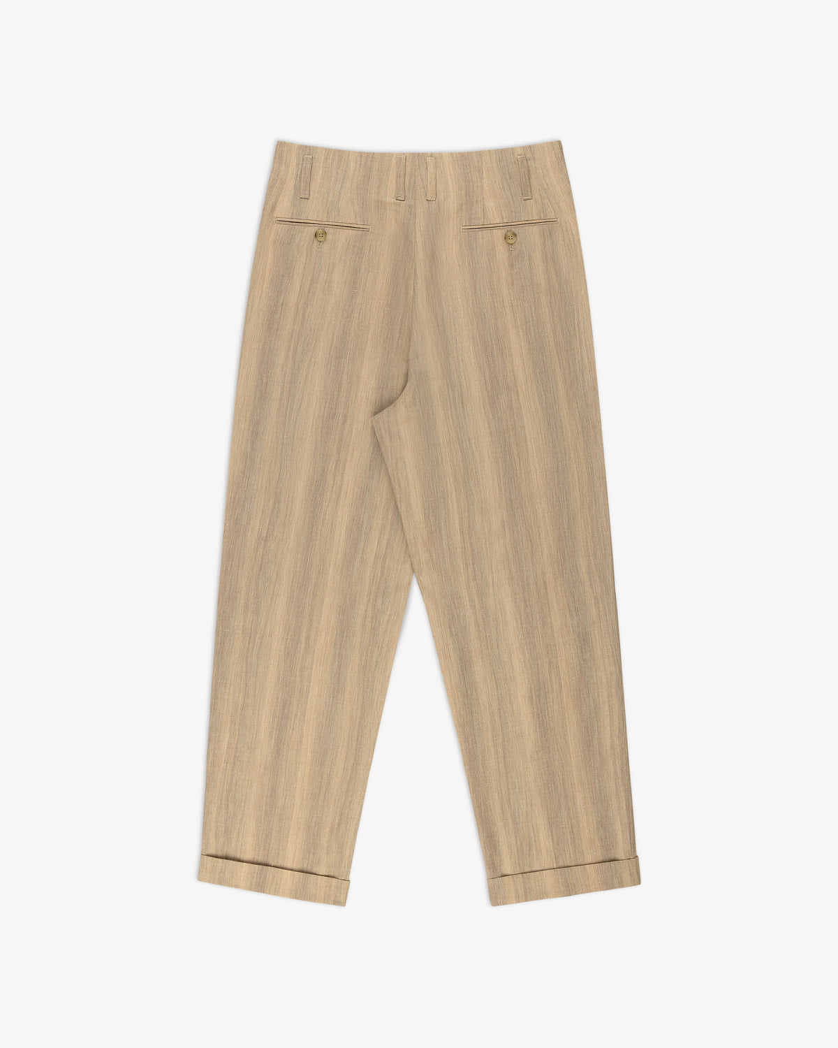 Double Pleated Safari Suit Trouser in beige, with cuffed hems, back pockets, and belt loops on a white background.