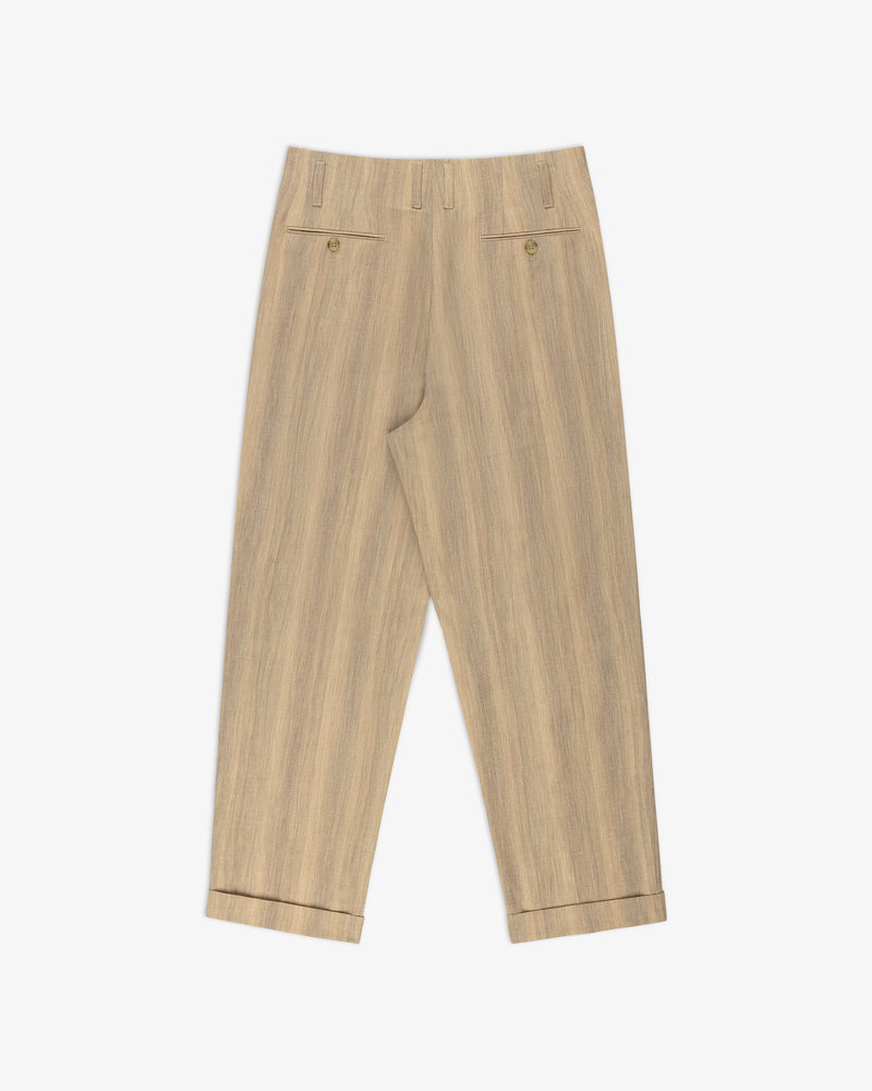 Double Pleated Safari Suit Trouser in beige, with cuffed hems, back pockets, and belt loops on a white background.