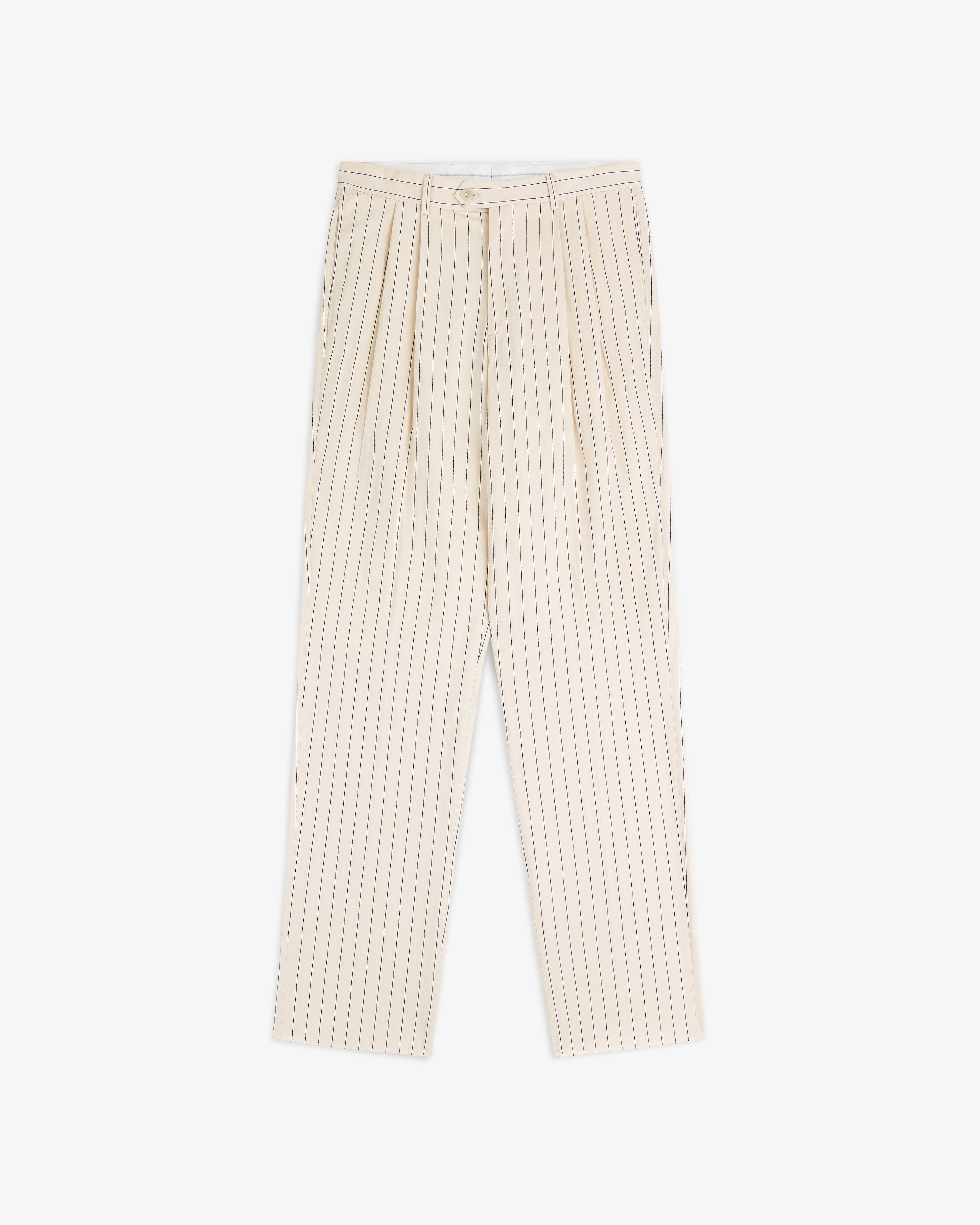 Double Pleated Pinstripe Suit Trouser in beige with vertical black stripes, button and zip closure, shown flat on white.