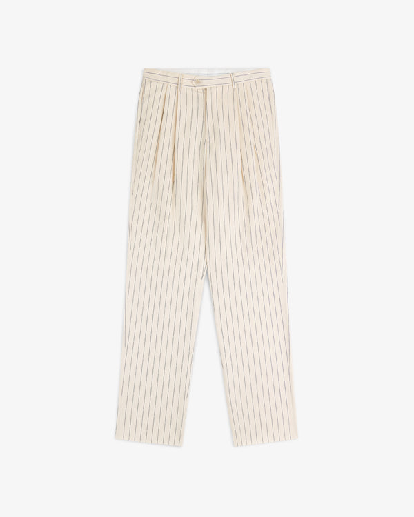 Double Pleated Pinstripe Suit Trouser in beige with vertical black stripes, button and zip closure, shown flat on white.