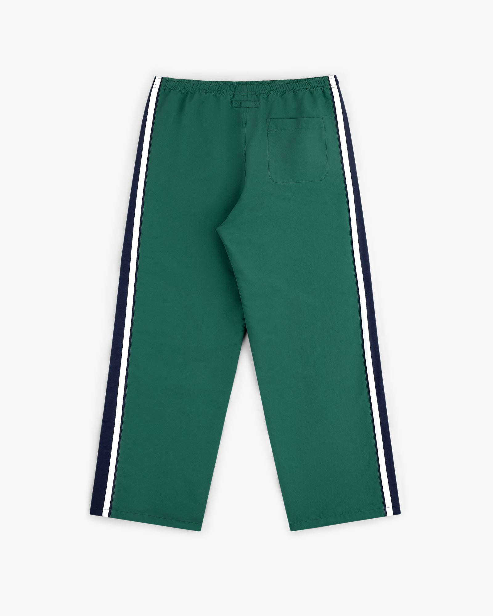 Colorblock Track Pant in green with white/navy side stripes, elastic waist, and single back pocket, shown flat on white.