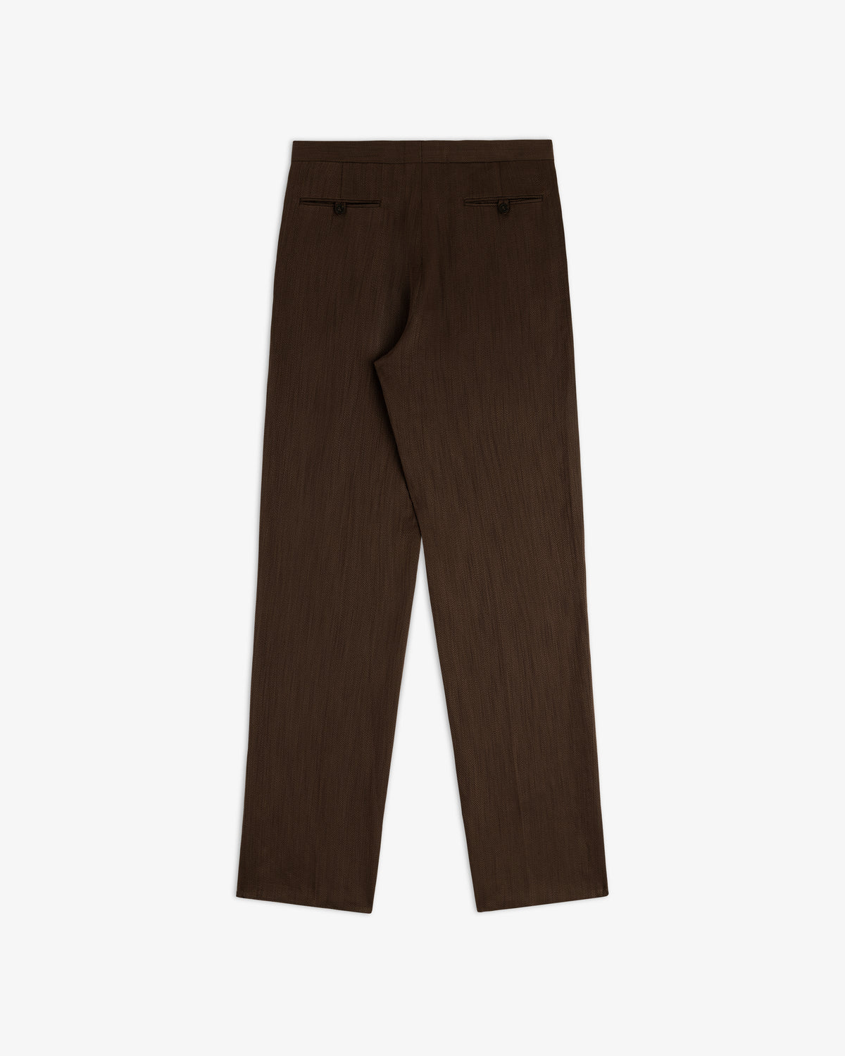 Back of Linen Blend Suit Trouser in brown with straight-leg fit, two back pockets, and button closures on white background.