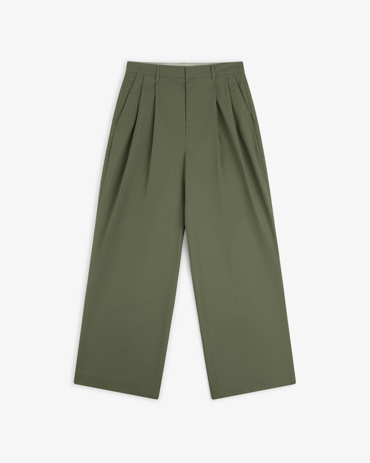 Lightweighted Pleated Cotton Trouser in olive green, wide-leg, high-waisted, shown flat on a white background.