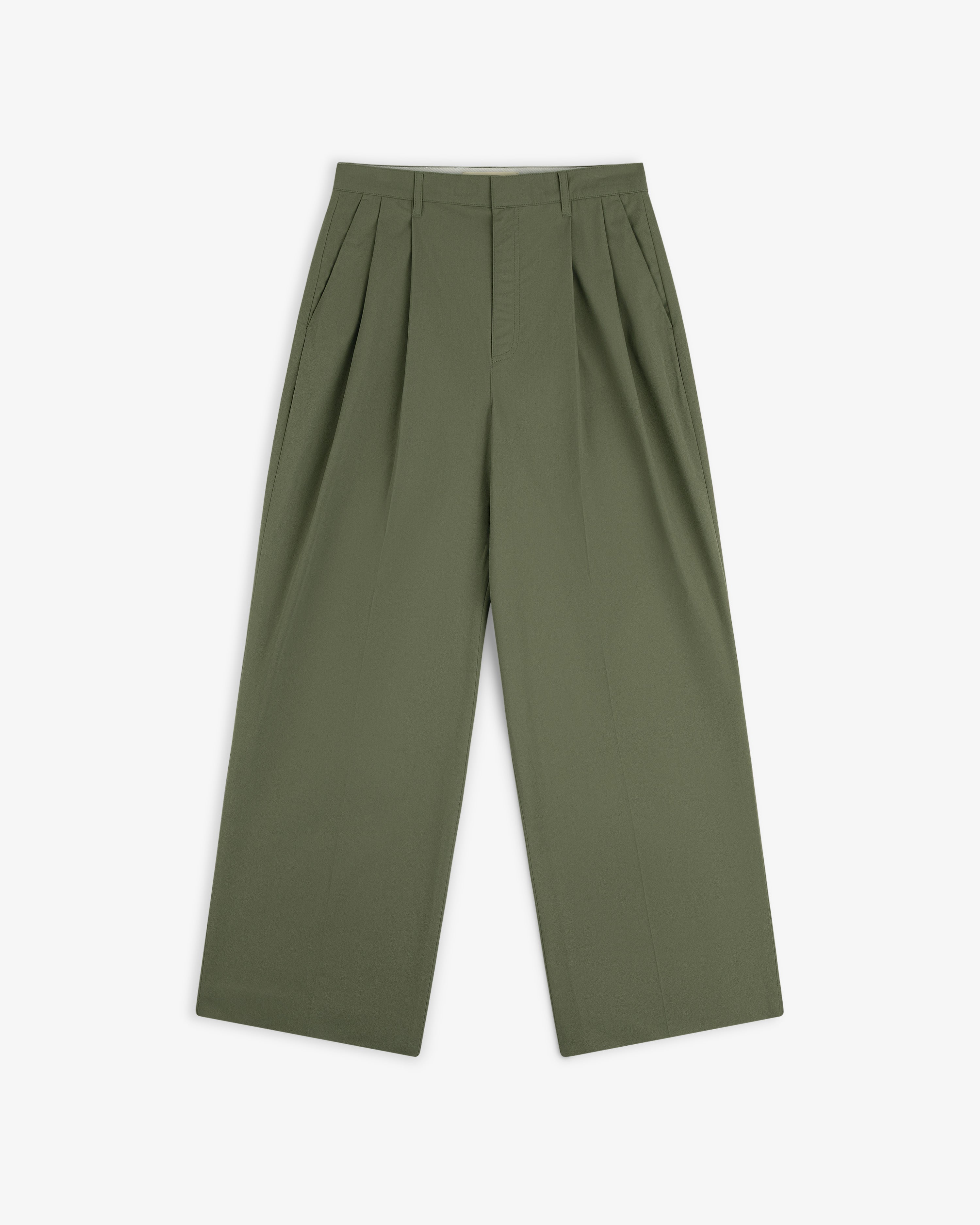 Lightweighted Pleated Cotton Trouser in olive green, wide-leg, high-waisted, shown flat on a white background.