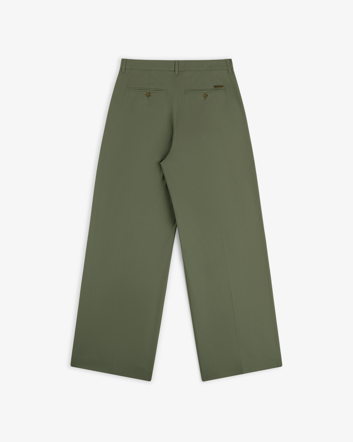 Back view of Lightweighted Pleated Cotton Trouser in olive green, wide-leg with two back pockets and button closures.