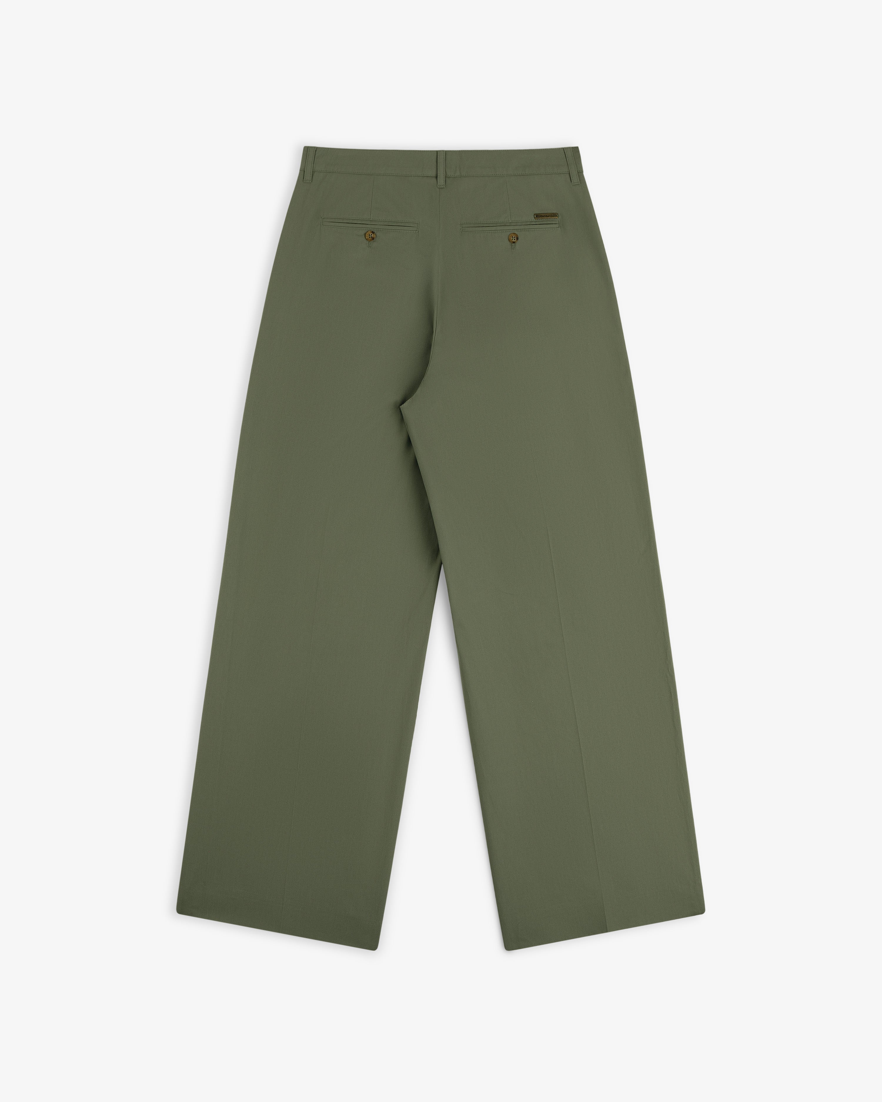Back view of Lightweighted Pleated Cotton Trouser in olive green, wide-leg with two back pockets and button closures.
