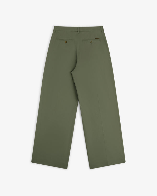 Back view of Lightweighted Pleated Cotton Trouser in olive green, wide-leg with two back pockets and button closures.