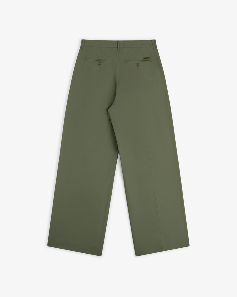 Back view of Lightweighted Pleated Cotton Trouser in olive green, wide-leg with two back pockets and button closures.
