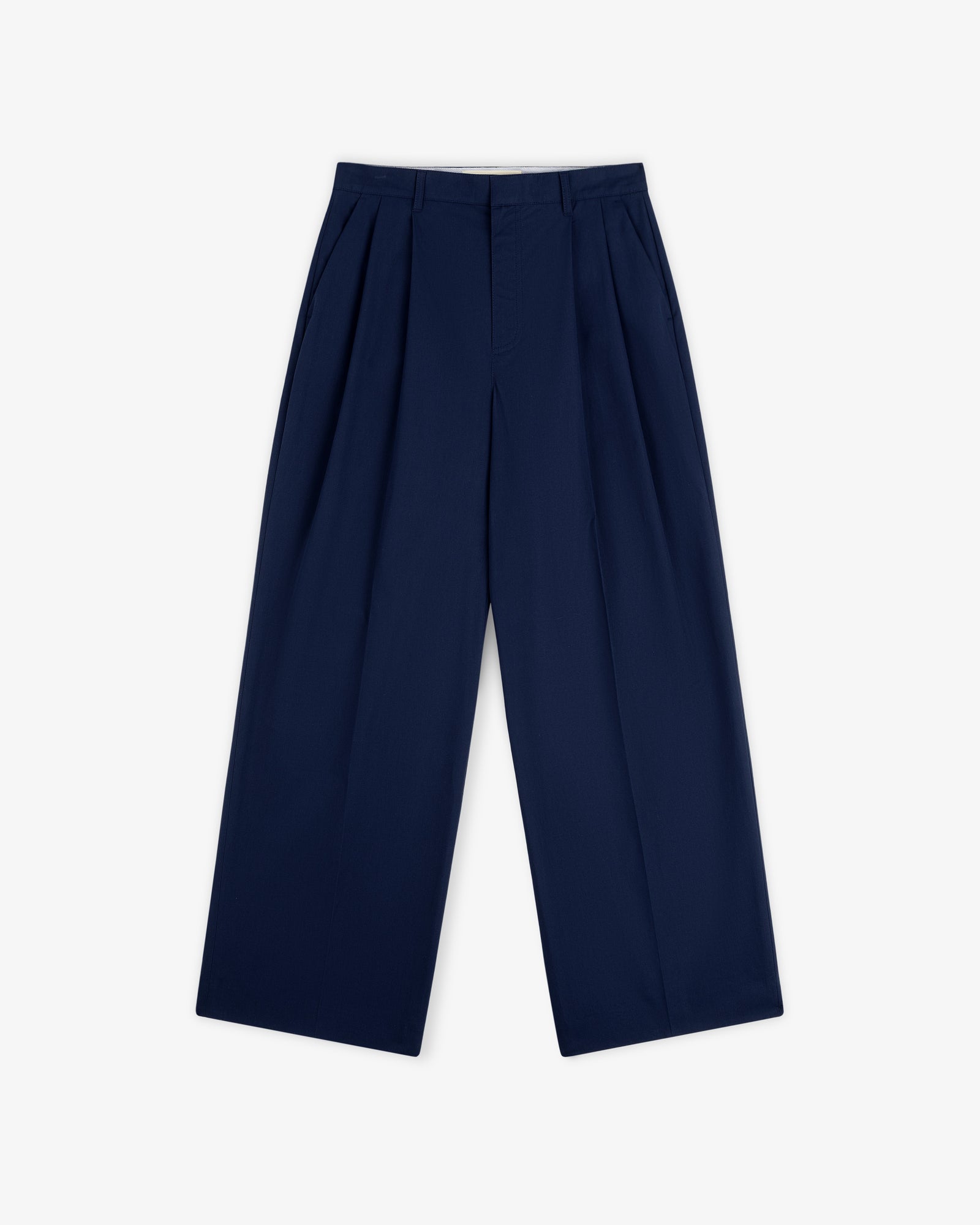 Lightweighted Pleated Cotton Trouser in navy blue, wide-leg style, shown flat on a white background.