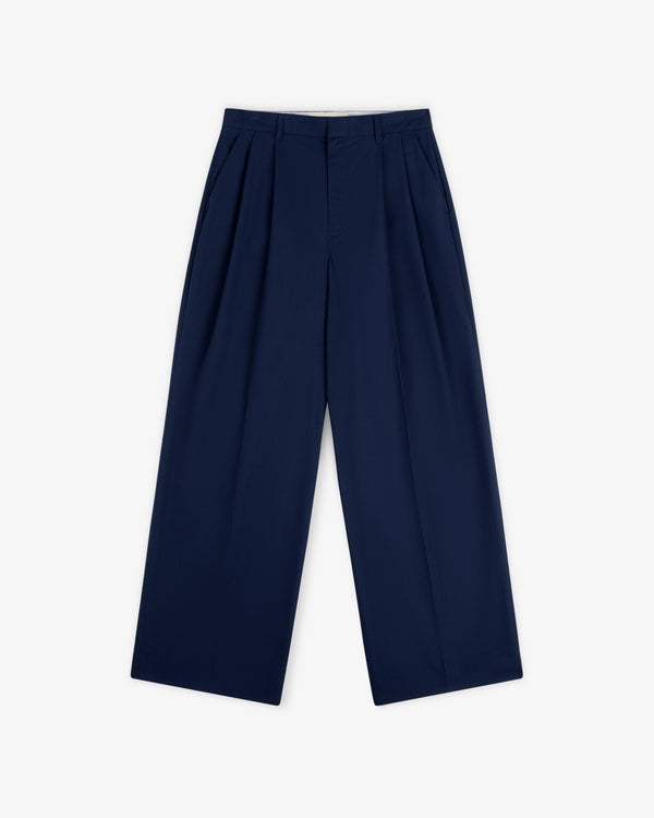 Lightweighted Pleated Cotton Trouser in navy blue, wide-leg style, shown flat on a white background.