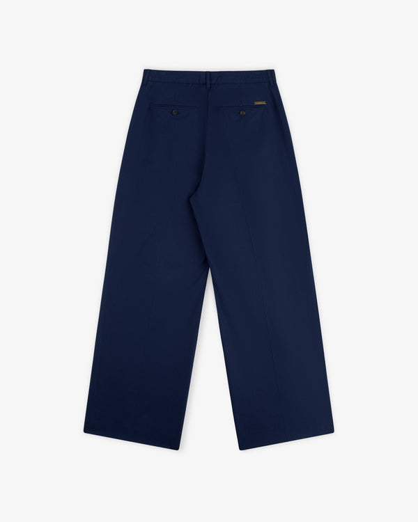 Back view of Lightweighted Pleated Cotton Trouser in navy blue with two back pockets and button closures, laid flat.