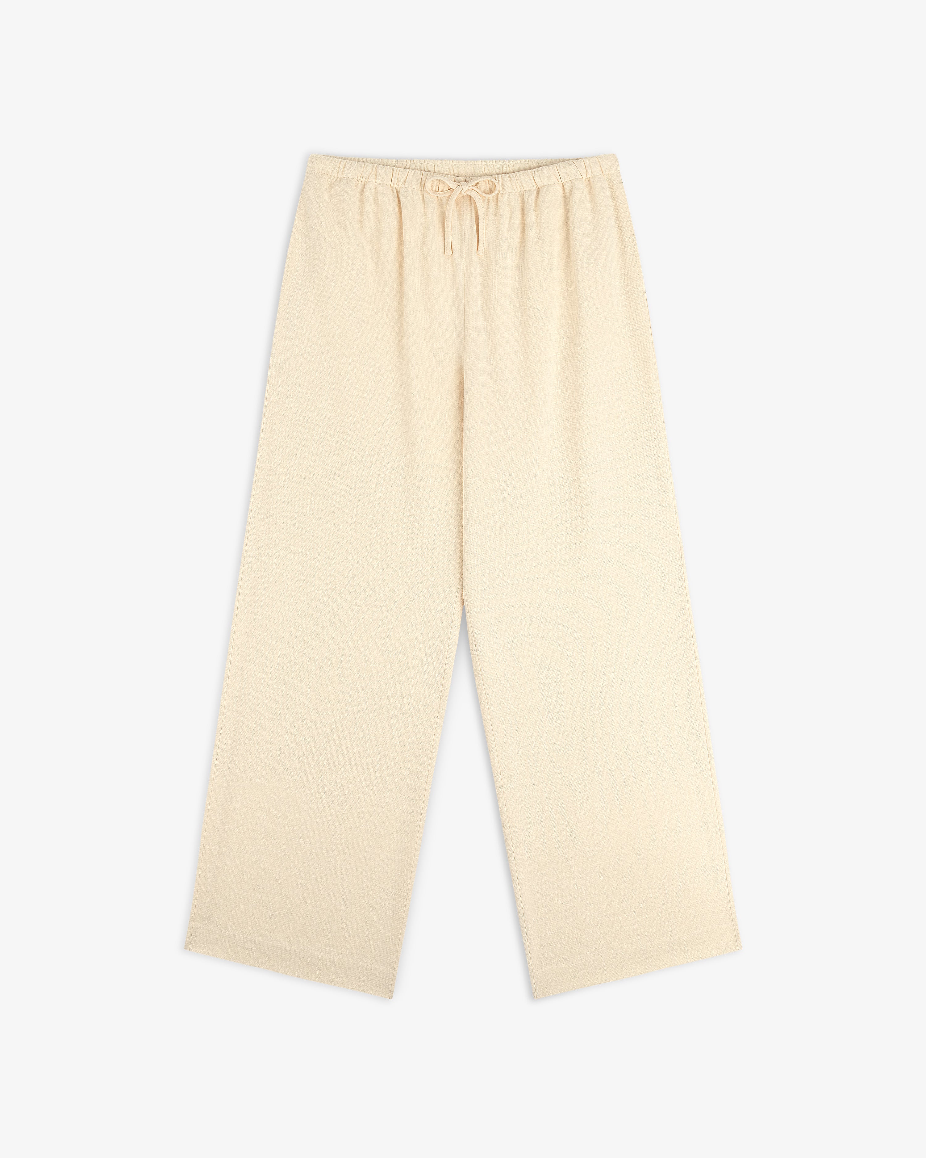 Drawstring Cotton Blend Suit Trouser in beige, wide-leg with elastic waistband, shown flat on a white background.
