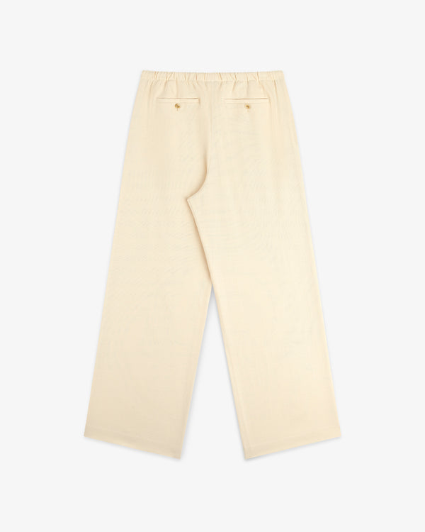 Cream-colored Drawstring Cotton Blend Suit Trouser with wide legs, elastic waist, and two back pockets on white background.