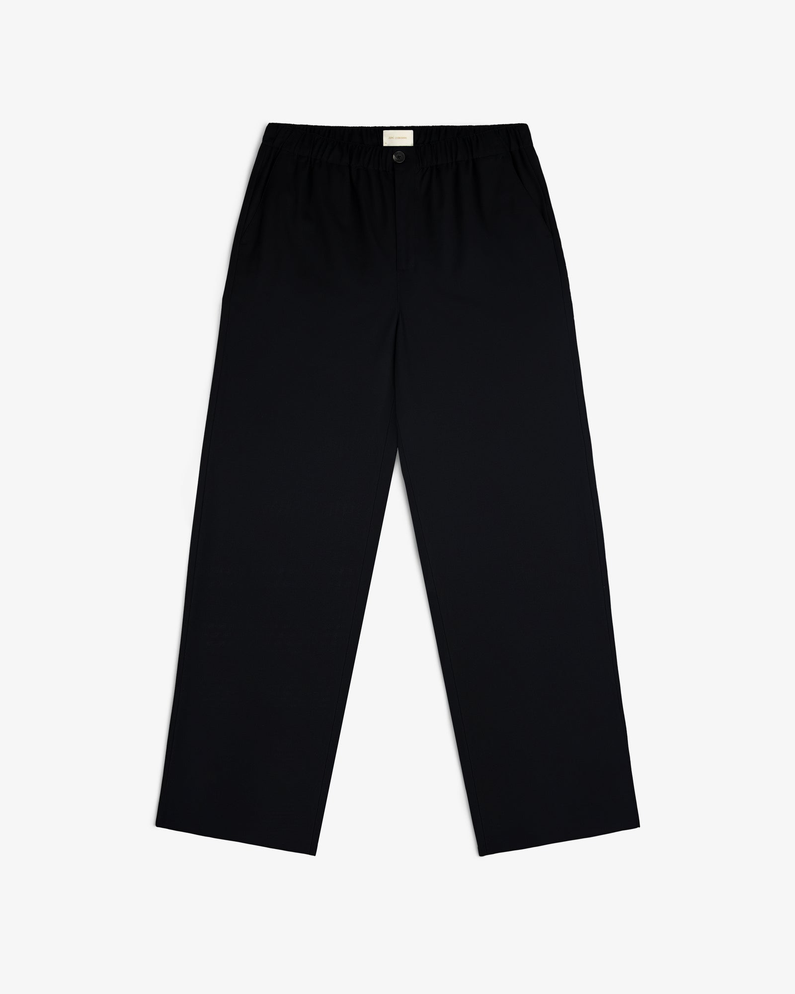 Elasticated Waist Gabardine Trouser in black with straight legs, button closure, and side pockets on a white background.