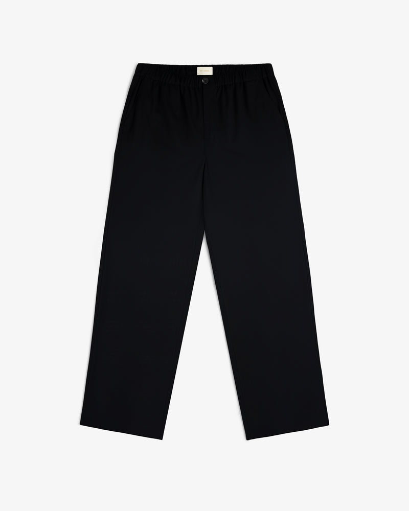 Elasticated Waist Gabardine Trouser in black with straight legs, button closure, and side pockets on a white background.