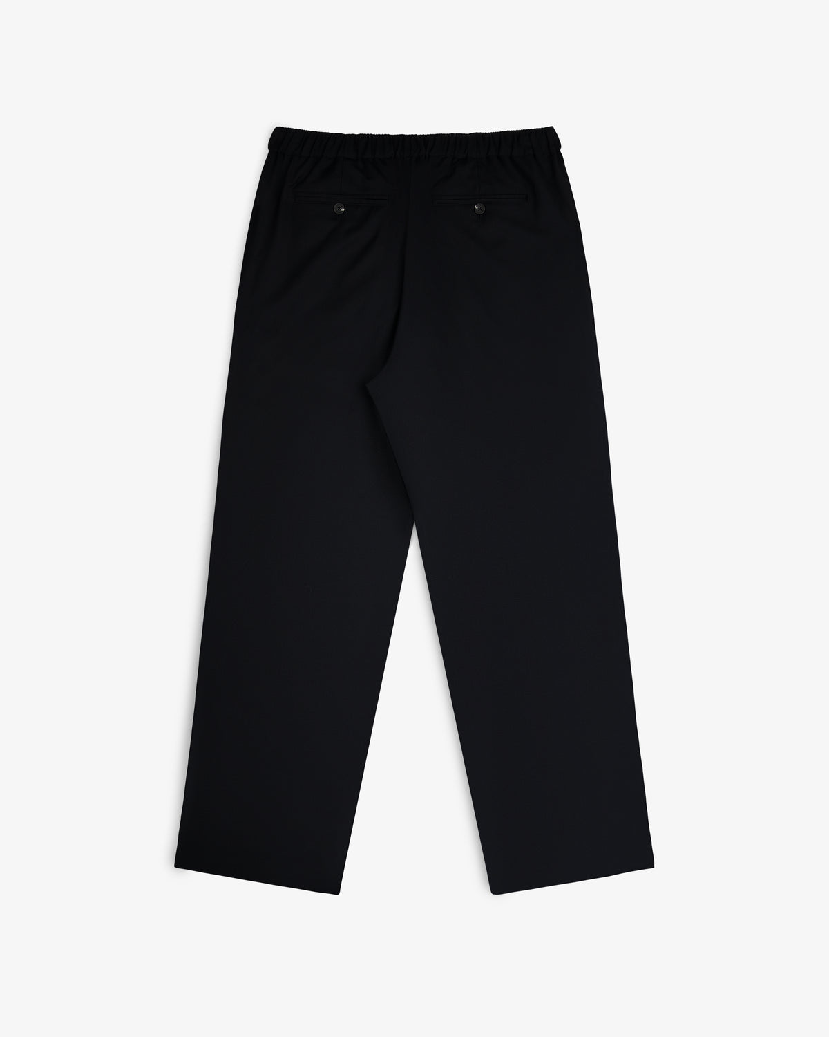 Elasticated Waist Gabardine Trouser in black, straight-leg with two back pockets, shown laid flat on white.