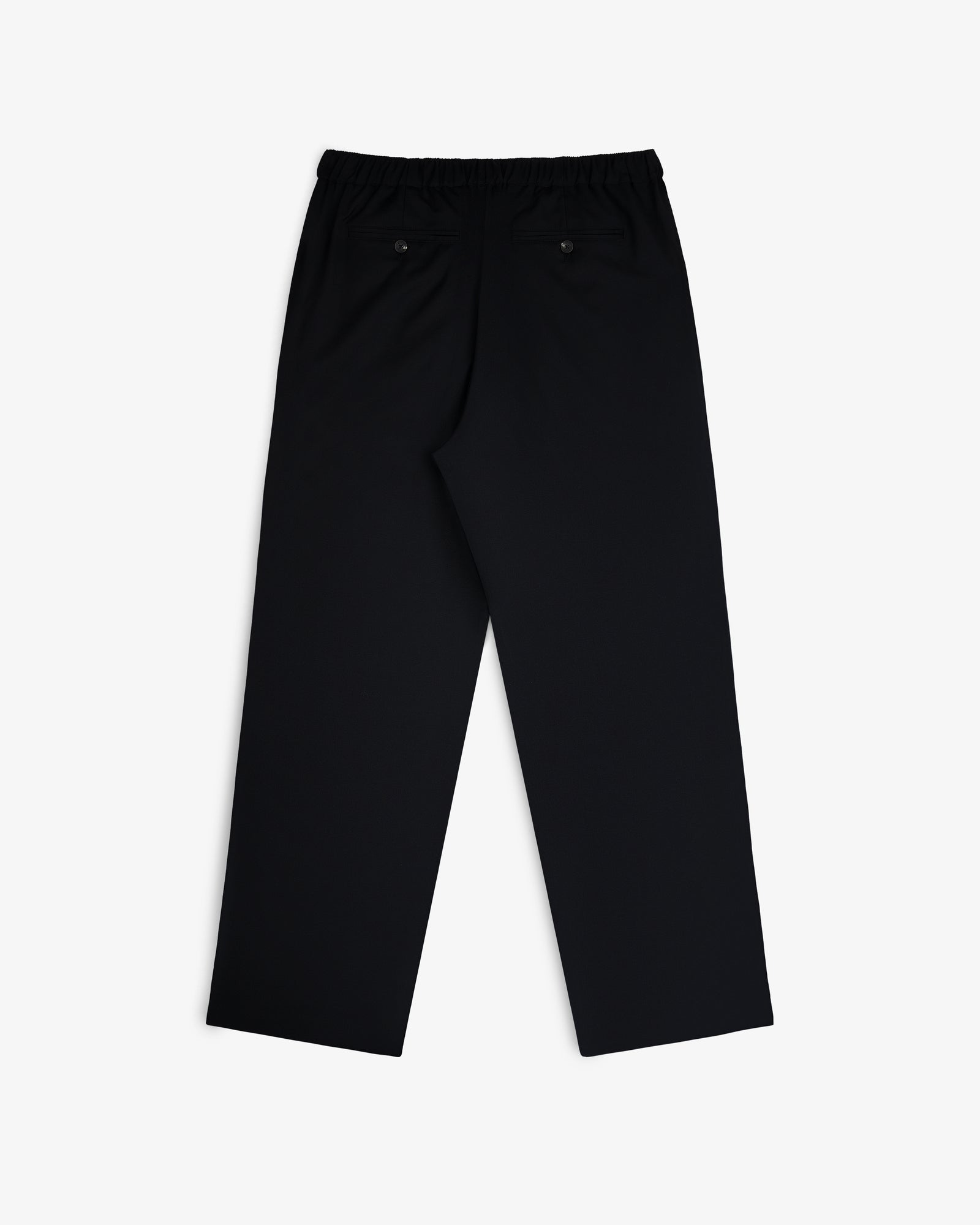 Elasticated Waist Gabardine Trouser in black, straight-leg with two back pockets, shown laid flat on white.