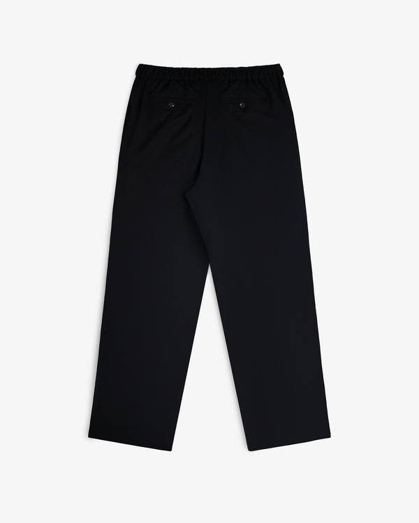 Elasticated Waist Gabardine Trouser in black, straight-leg with two back pockets, shown laid flat on white.