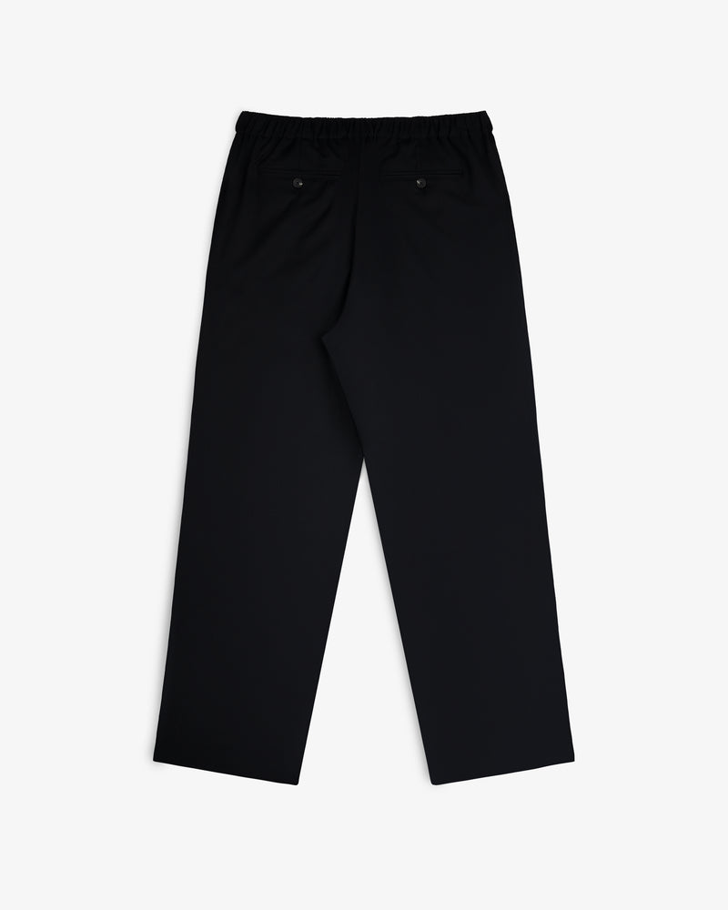 Elasticated Waist Gabardine Trouser in black, straight-leg with two back pockets, shown laid flat on white.