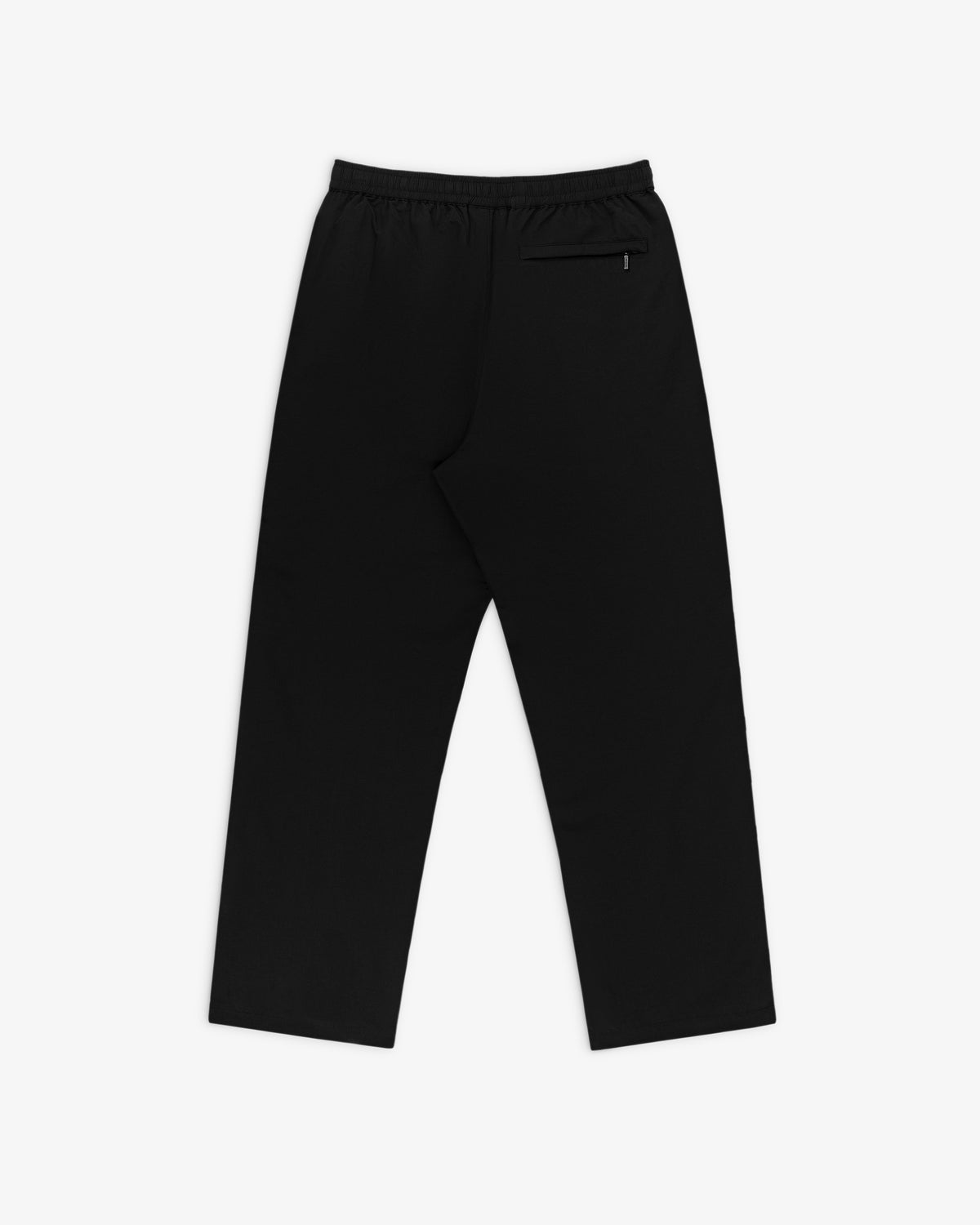 Crest Nylon Track Pant in black with straight legs, elastic waistband, and a zippered back pocket on white background.