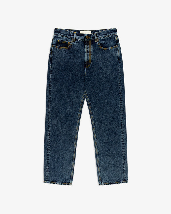Relaxed Fit 5-Pocket Denim Pant in blue, straight-leg with button closure, shown flat on a white background.