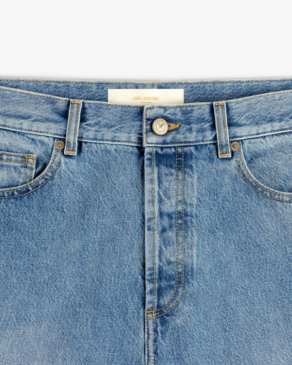 Close-up of ALD Straight Fit Denim showing waistband, front button, zipper fly, and tops of front pockets.