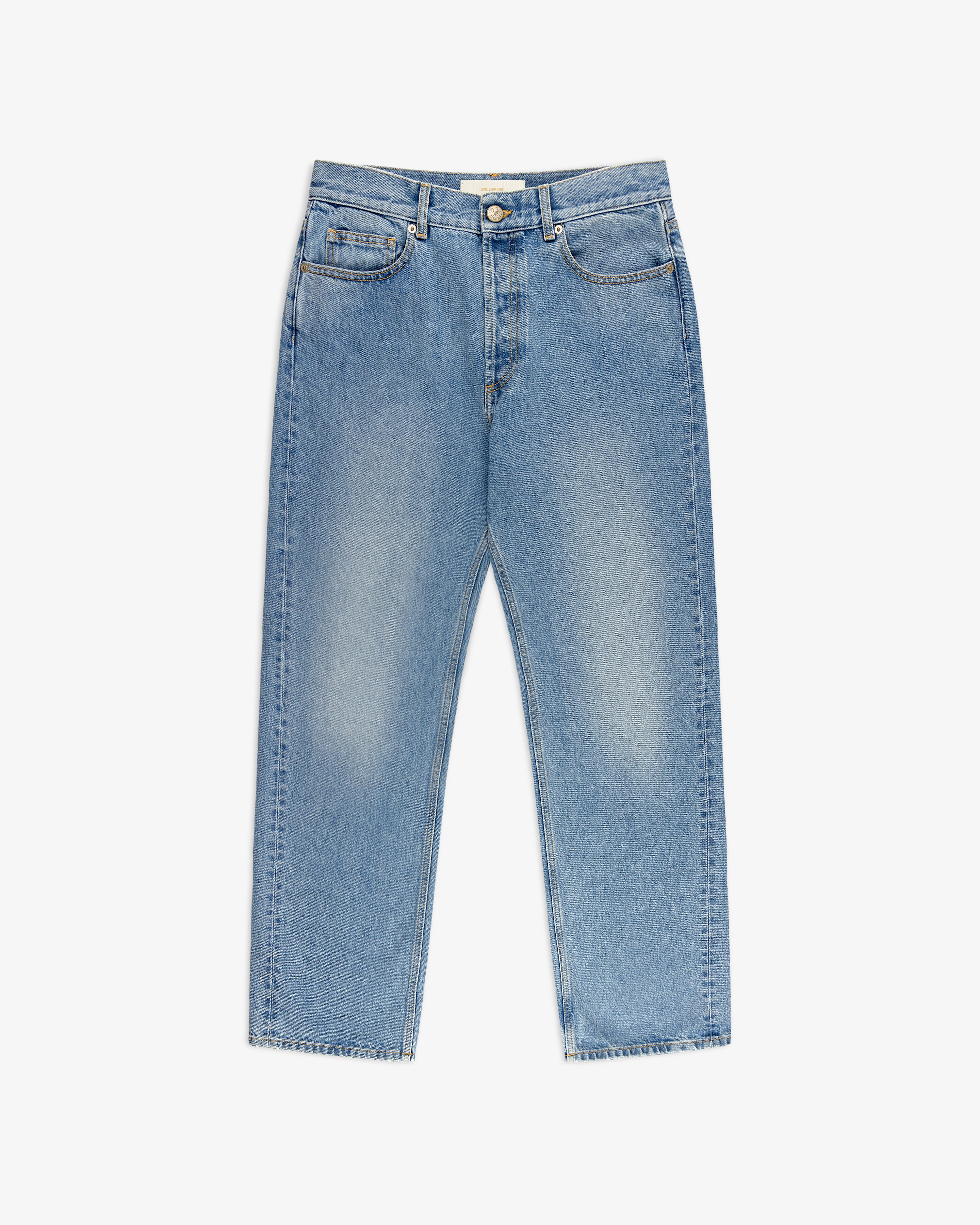 ALD Straight Fit Denim in light blue, straight-leg, five-pocket style with front button and zipper, laid flat on white.