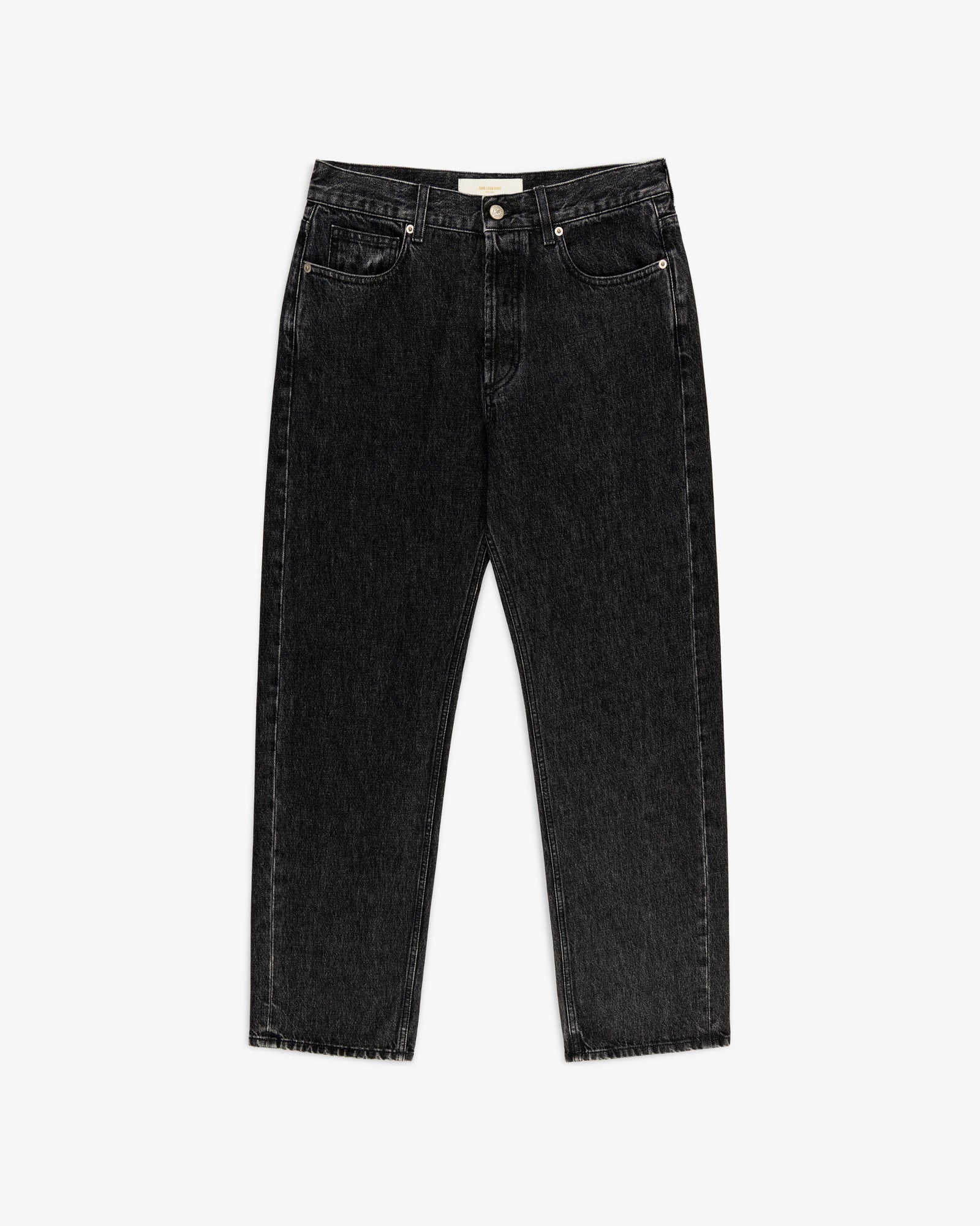 Relaxed Fit 5-Pocket Denim Pant in black, straight-leg style, shown laid flat on a white background.