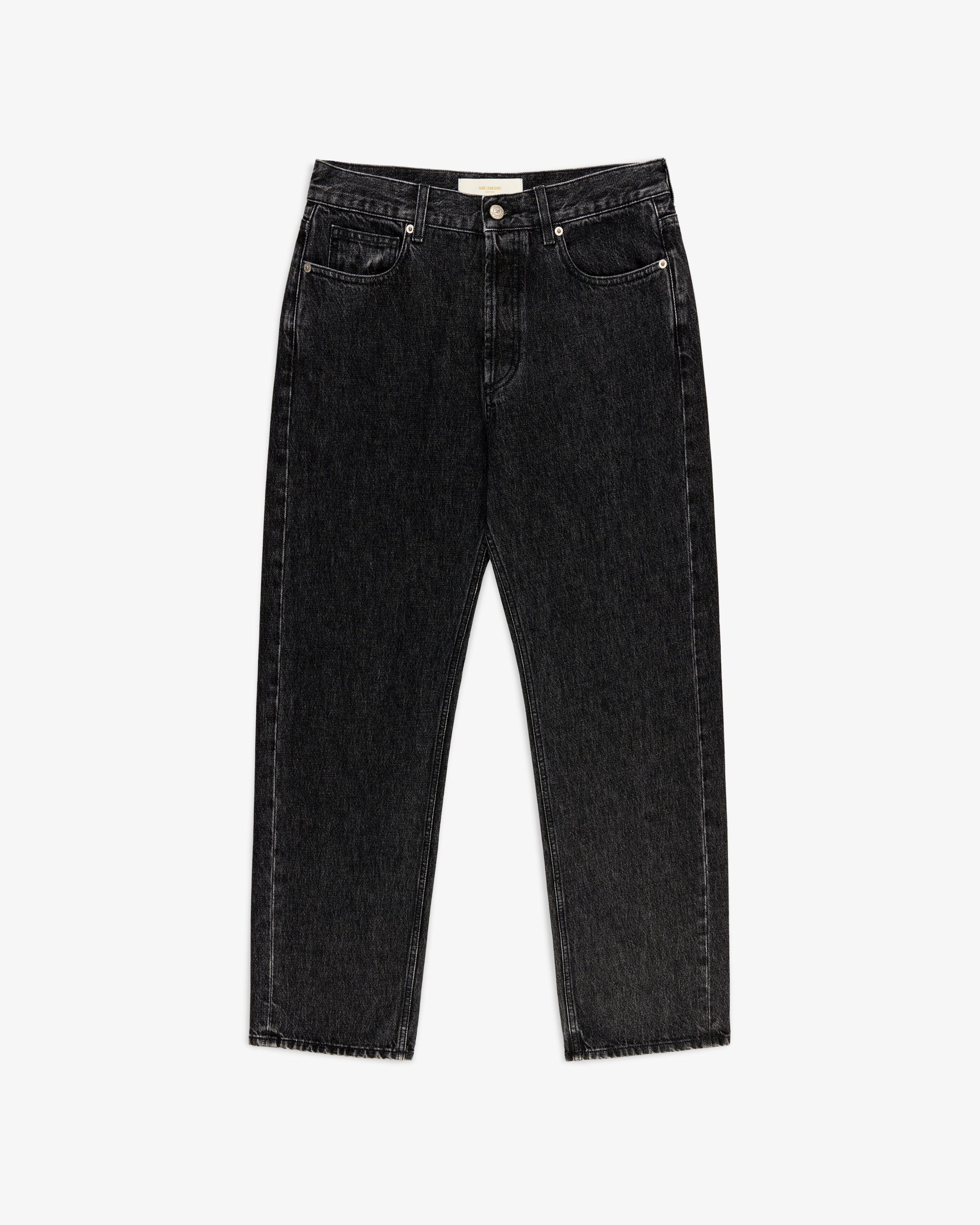 Relaxed Fit 5-Pocket Denim Pant in black, straight-leg style, shown laid flat on a white background.