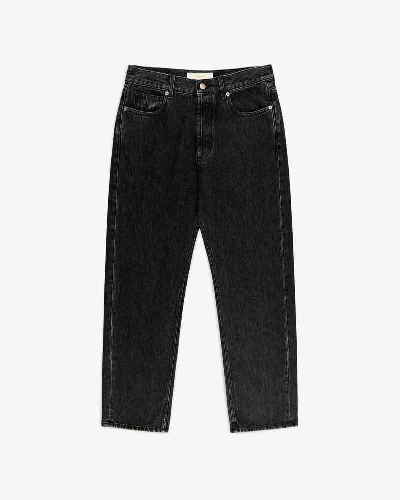 Relaxed Fit 5-Pocket Denim Pant in black, straight-leg style, shown laid flat on a white background.