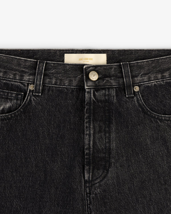 Close-up of the waistband and front of the Relaxed Fit 5-Pocket Denim Pant with button closure and belt loops.