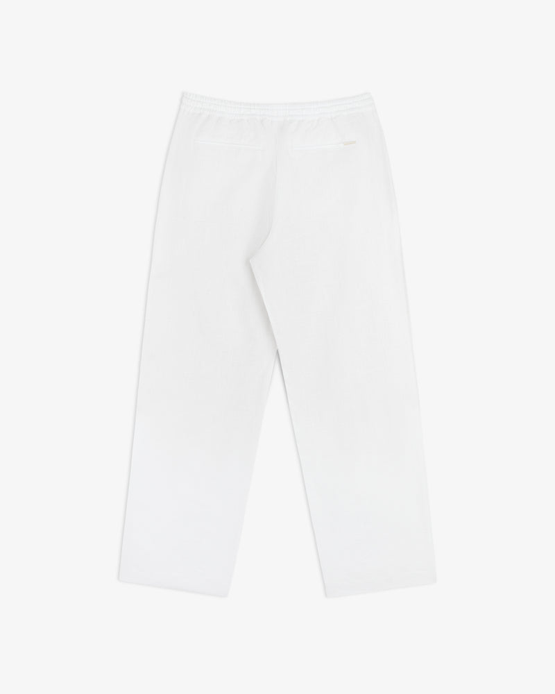 The Linen Leisure Pant features a straight-leg cut, elastic waistband, and back welt pocket, shown on white background.