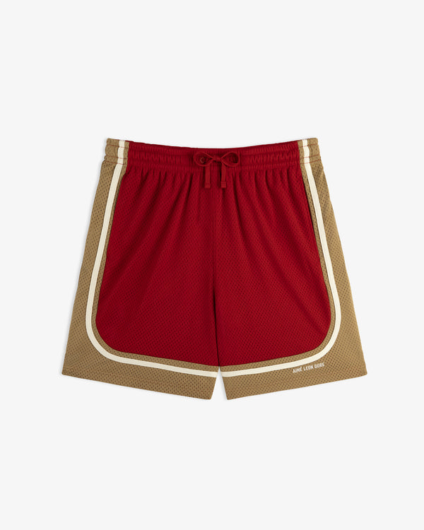 Colorblock Court Short: red and tan mesh shorts with white trim, drawstring waist, shown on a white background.