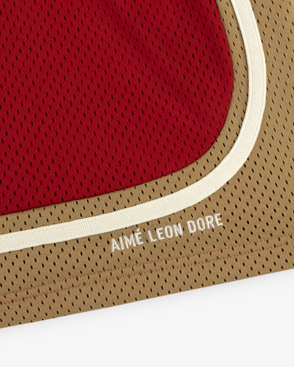 Close-up of a red and tan mesh Colorblock Court Short with AIMÉ LEON DORE in white on the tan section.