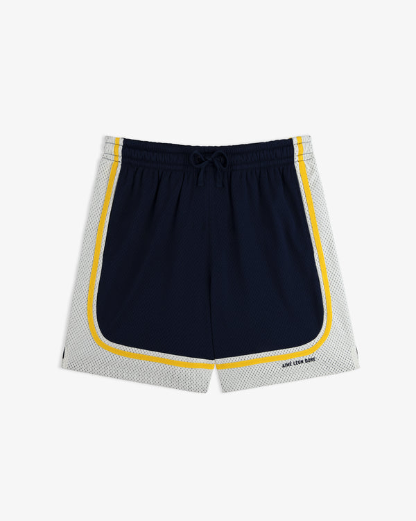 Colorblock Court Short in navy with white mesh sides, yellow trim, and drawstring waistband, shown flat on white background.