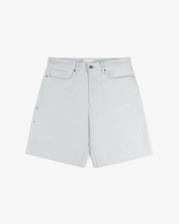 Light Wash Denim Short with front and back pockets, button closure, and belt loops, laid flat on a white background.
