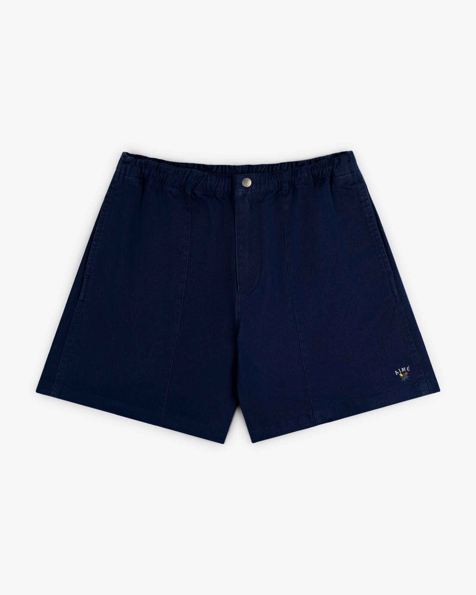 Crest Casual Short in navy blue with elastic waistband and a small colorful embroidered logo near the left hem.