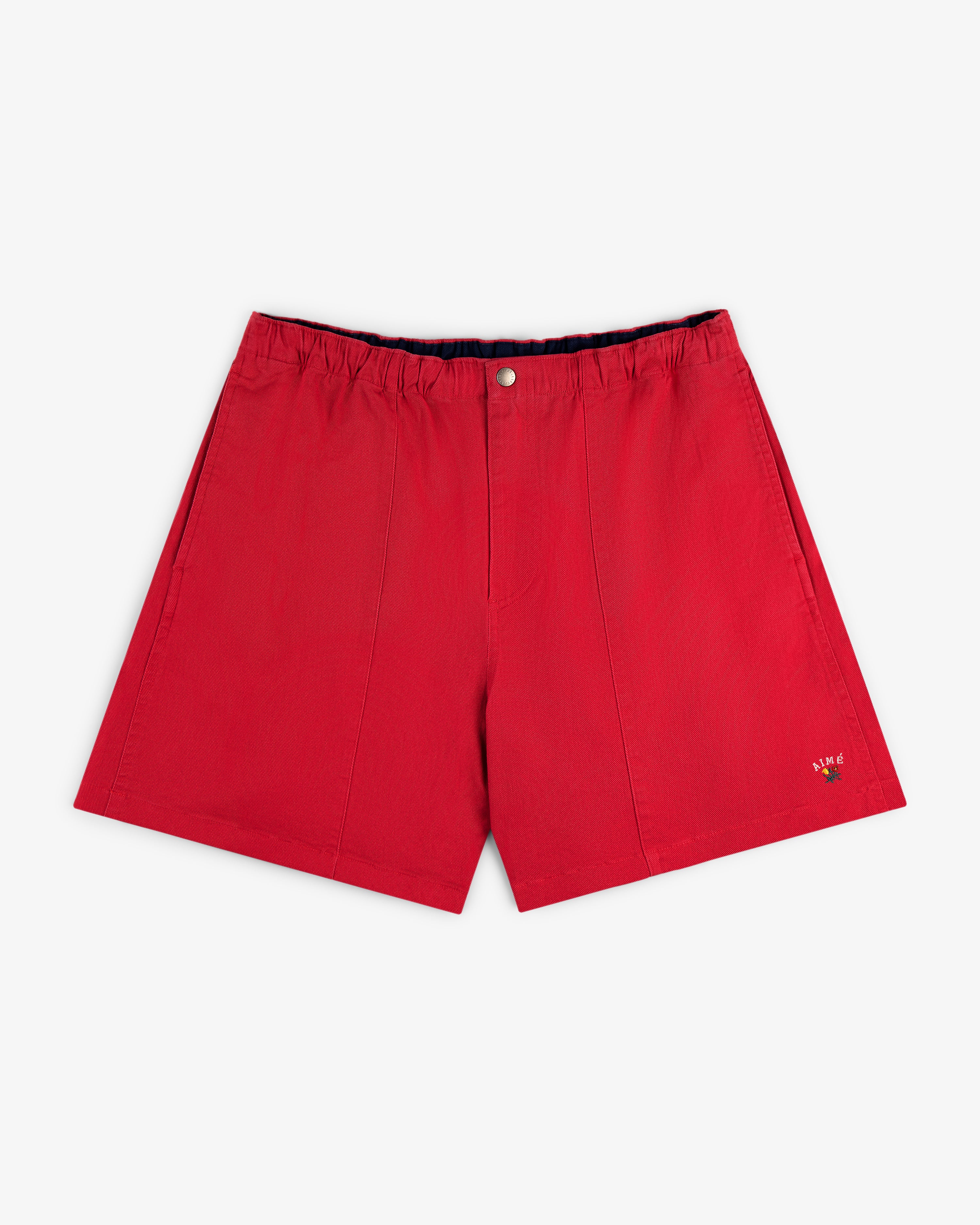 Crest Casual Short: Bright red, elastic waistband, button closure, with a small embroidered bee on the front left leg.
