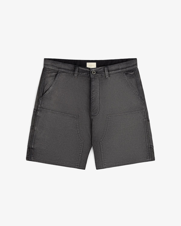Garment Dyed Carpenter Short in gray with patch pockets, button closure, belt loops, shown on white background.
