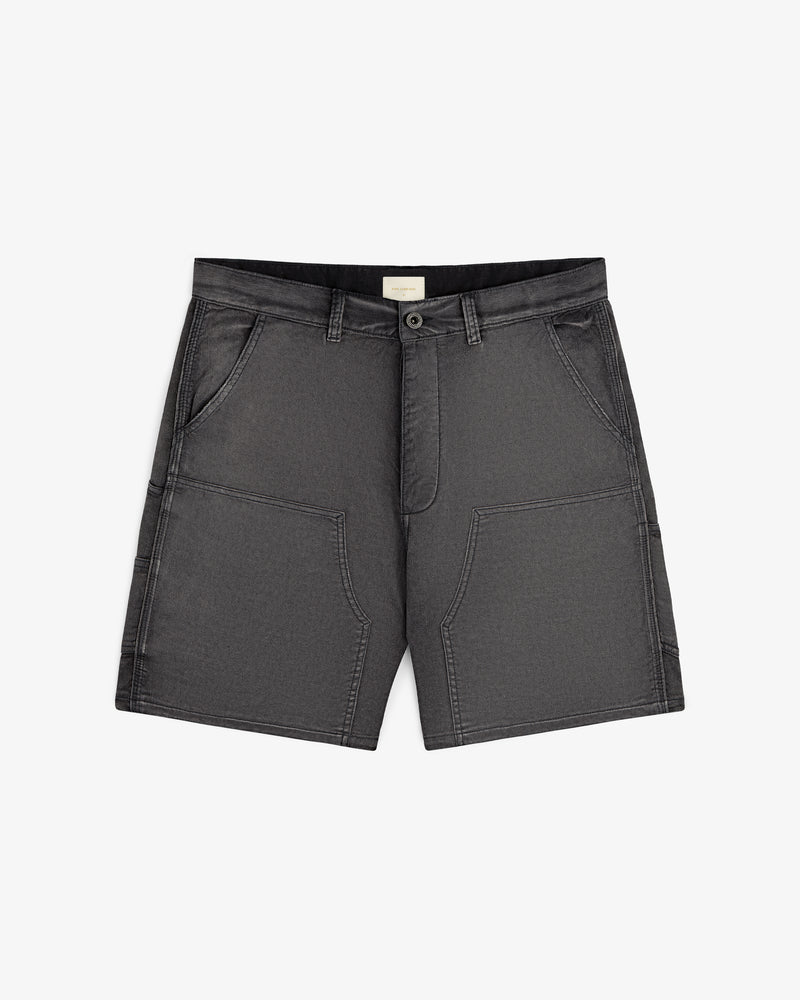 Garment Dyed Carpenter Short in gray with patch pockets, button closure, belt loops, shown on white background.