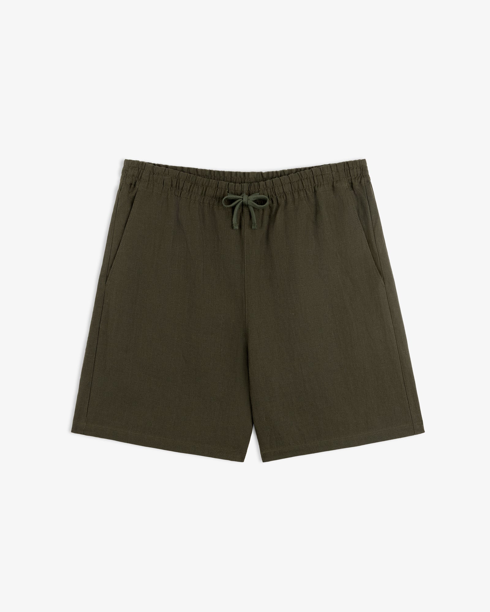 Linen Leisure Short in dark green with elastic waistband and drawstring, displayed flat on a white background.