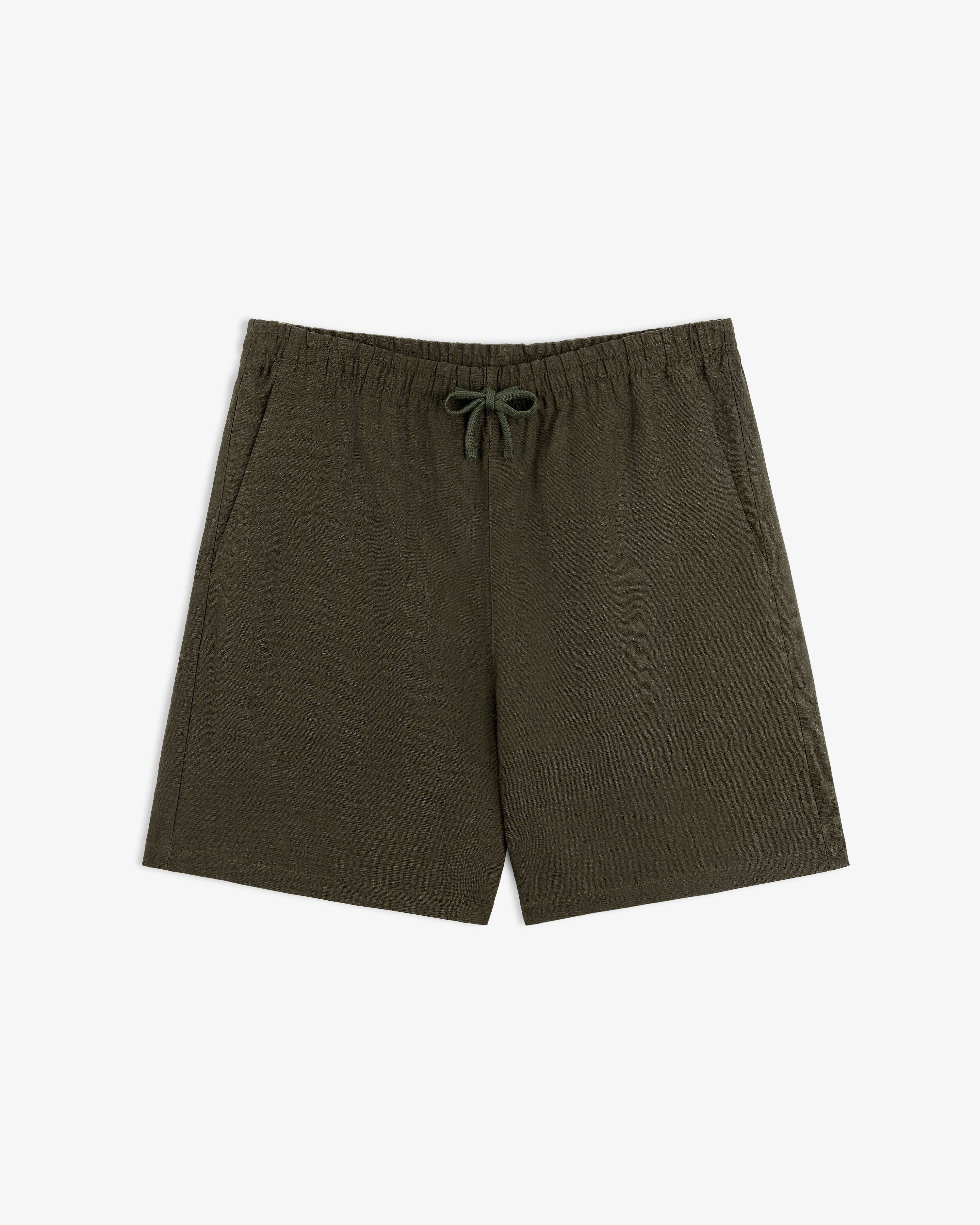 Linen Leisure Short in dark green with elastic waistband and drawstring, displayed flat on a white background.