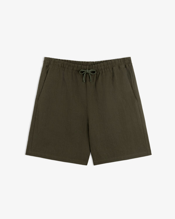 Linen Leisure Short in dark green with elastic waistband and drawstring, displayed flat on a white background.