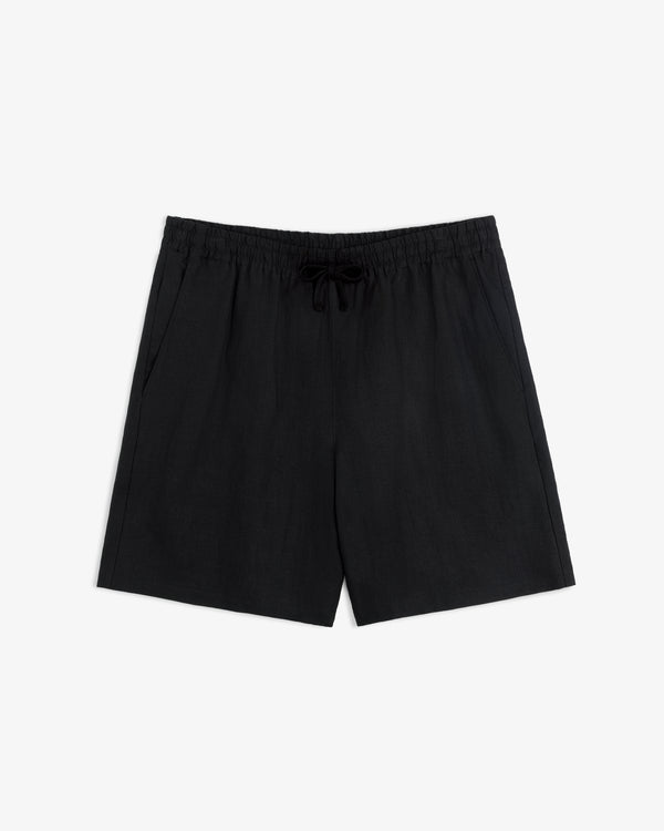 Linen Leisure Short in black with elastic waistband, shown laid flat on a white background.