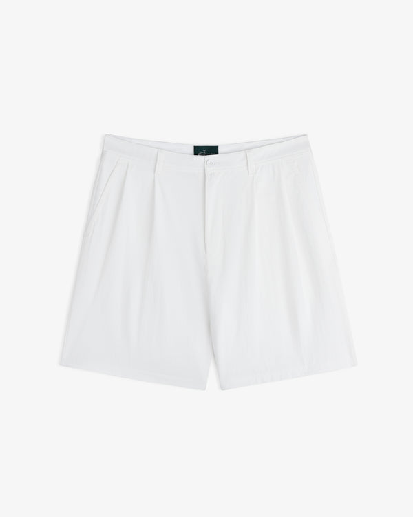 Women's Long Short Test in white features pleats and side pockets, shown on a white background.