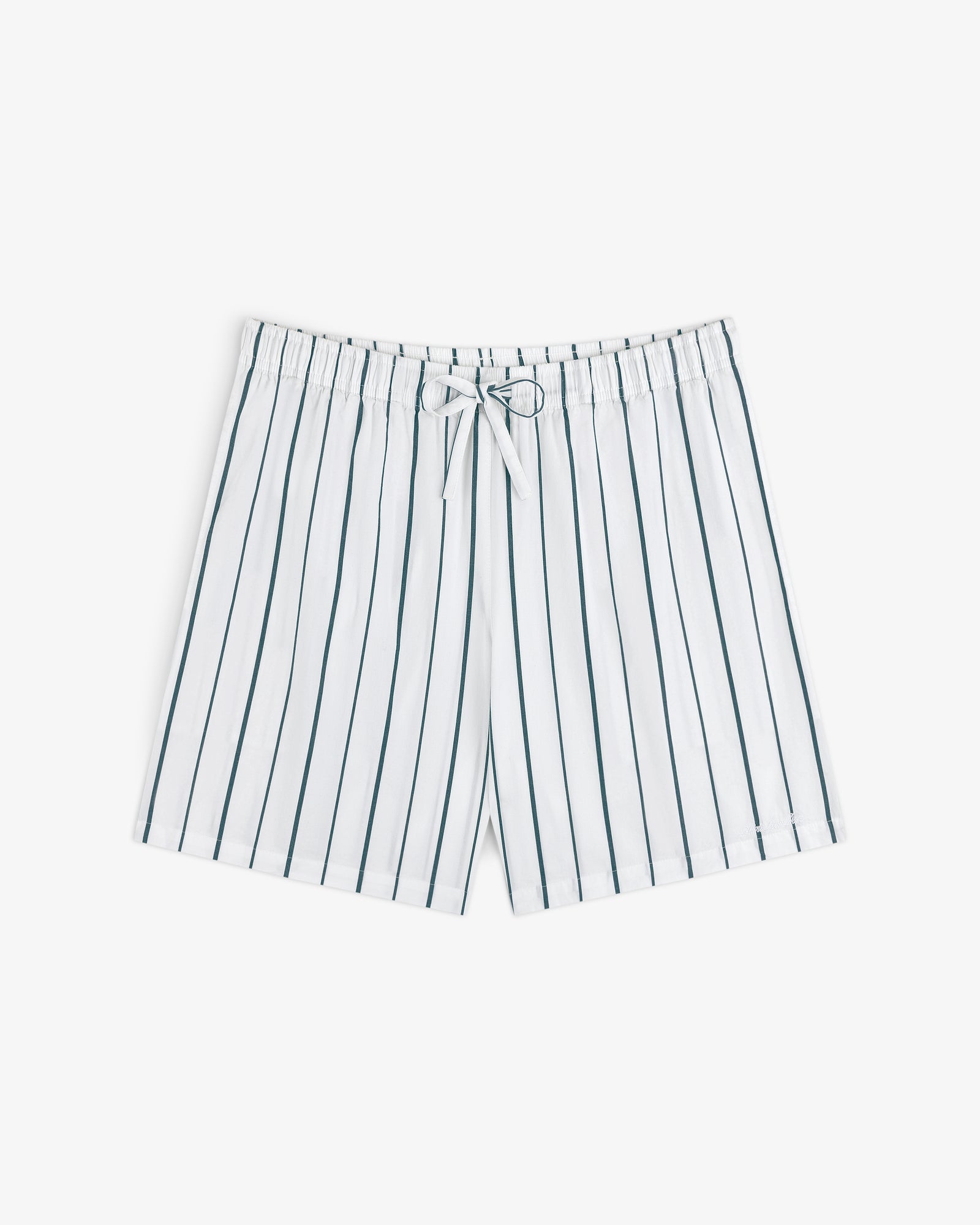 Striped Poplin Leisure Short with vertical black stripes and a drawstring waistband, shown flat on a white background.