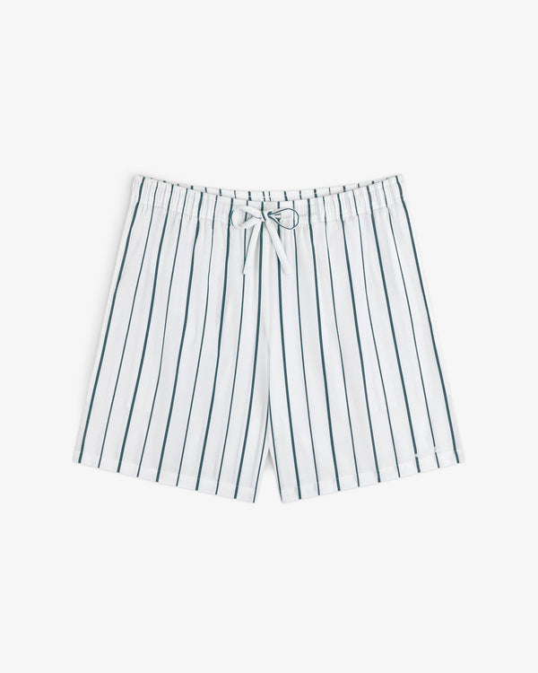 Striped Poplin Leisure Short with vertical black stripes and a drawstring waistband, shown flat on a white background.