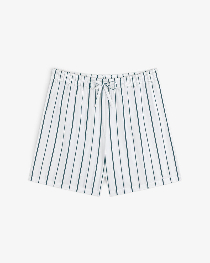 Striped Poplin Leisure Short with vertical black stripes and a drawstring waistband, shown flat on a white background.