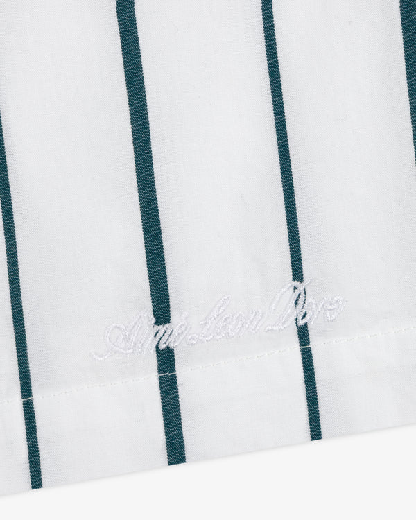 Striped Poplin Leisure Short: white fabric with vertical green stripes, American Polo logo embroidered near the hem.